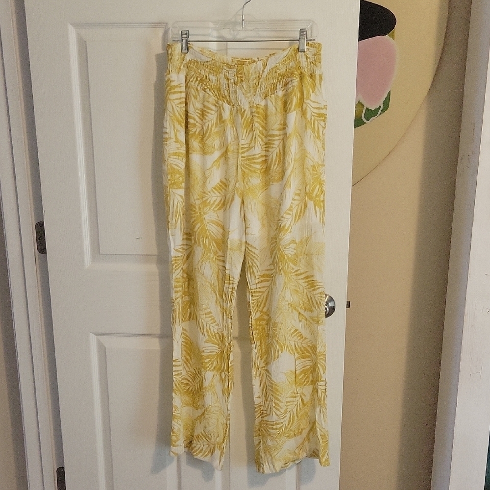 Nanette Lapore Tropical Yellow Leaf Print elastic waist Wide Leg Pants szLg
